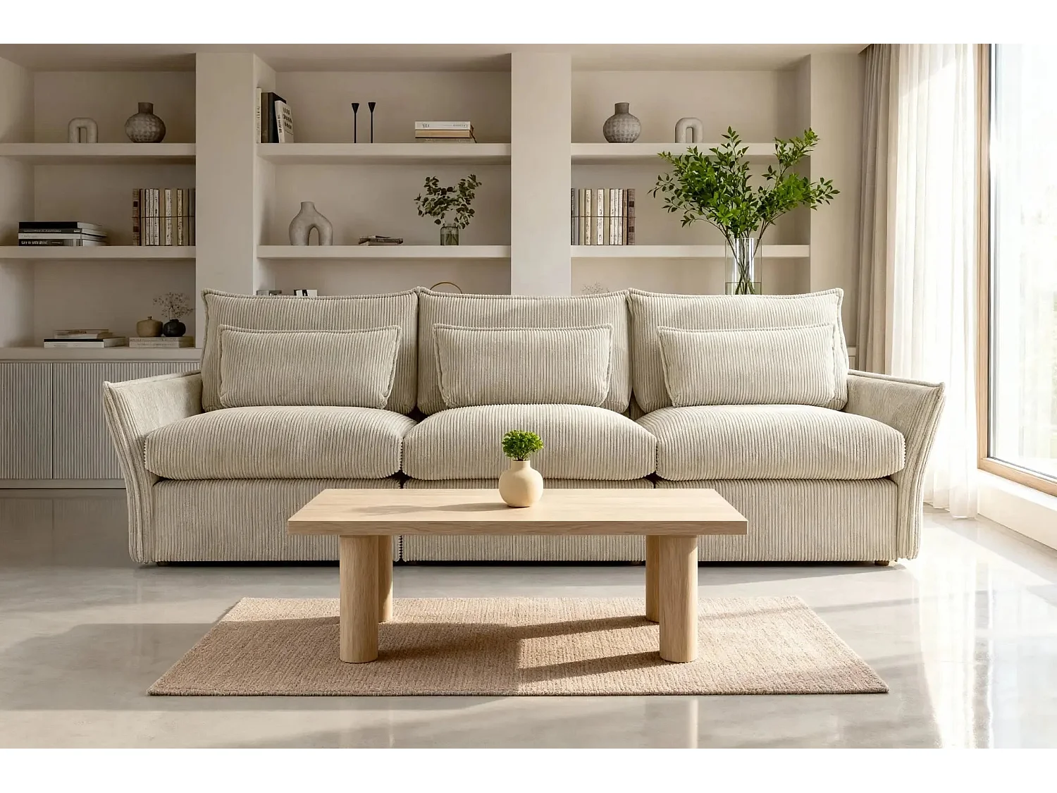 ANGELE - Canapé droit velours côtelé 3 places - Beige