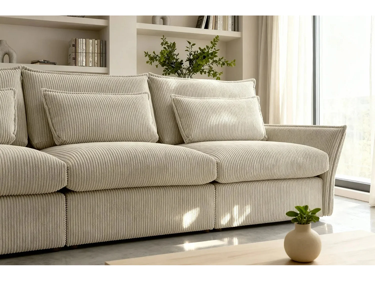 ANGELE - Canapé droit velours côtelé 3 places - Beige