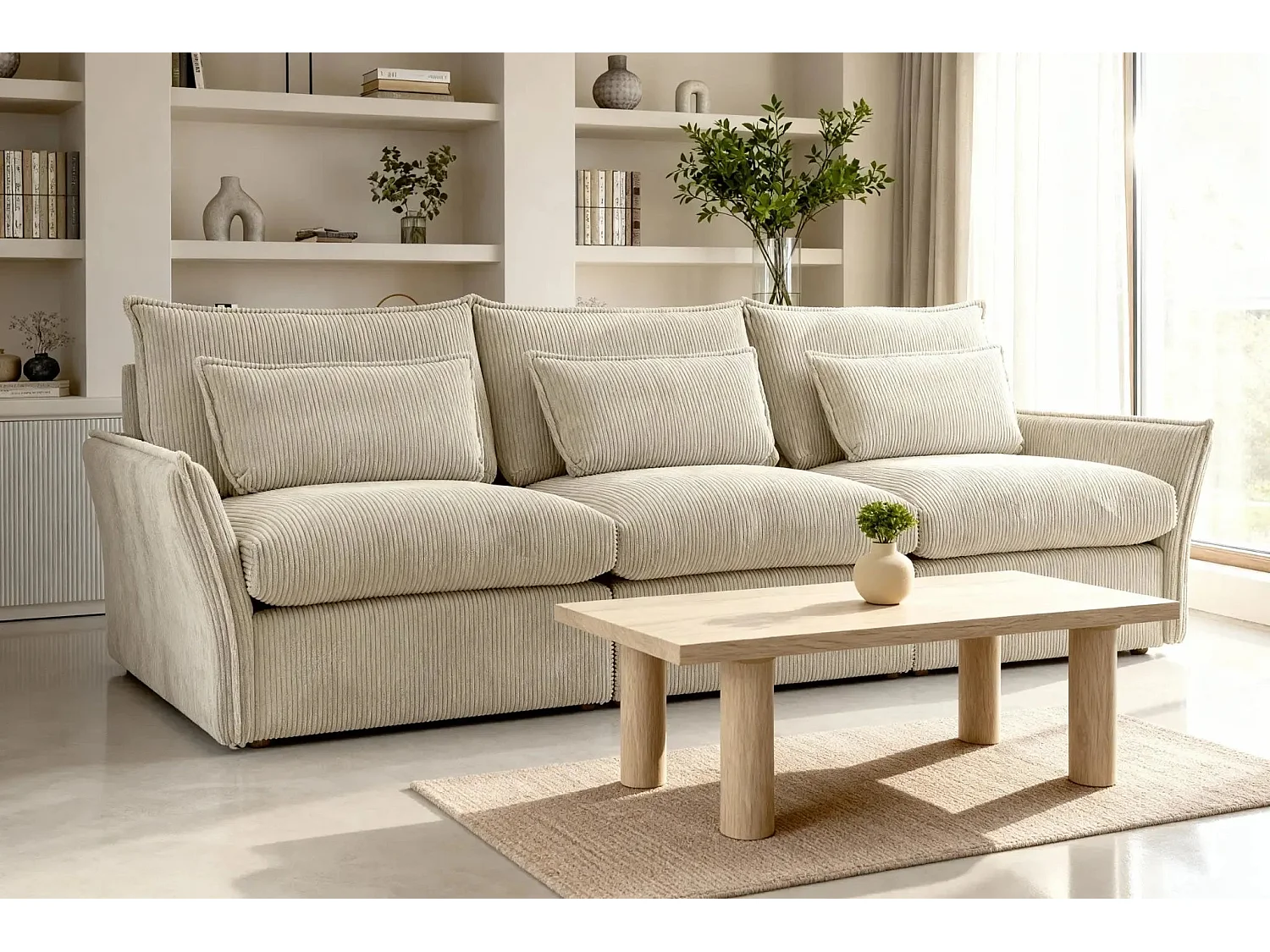 ANGELE - Canapé droit velours côtelé 3 places - Beige