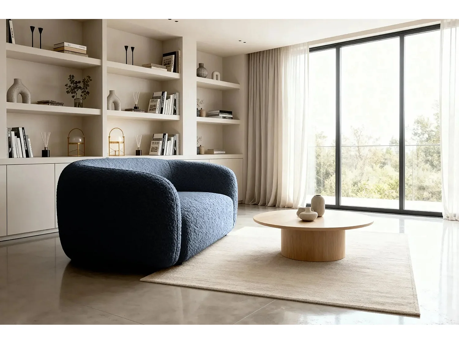 BAHIA - Canapé droit tissu bouclette 2 places - Bleu