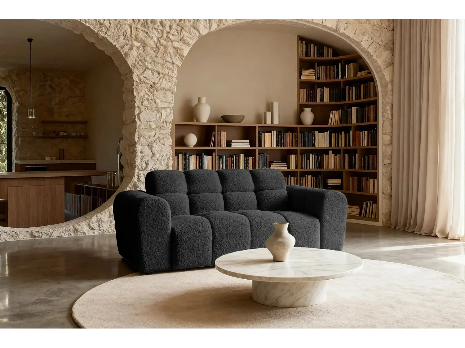 ALEXIA - Canapé droit tissu bouclette 2 places - Noir