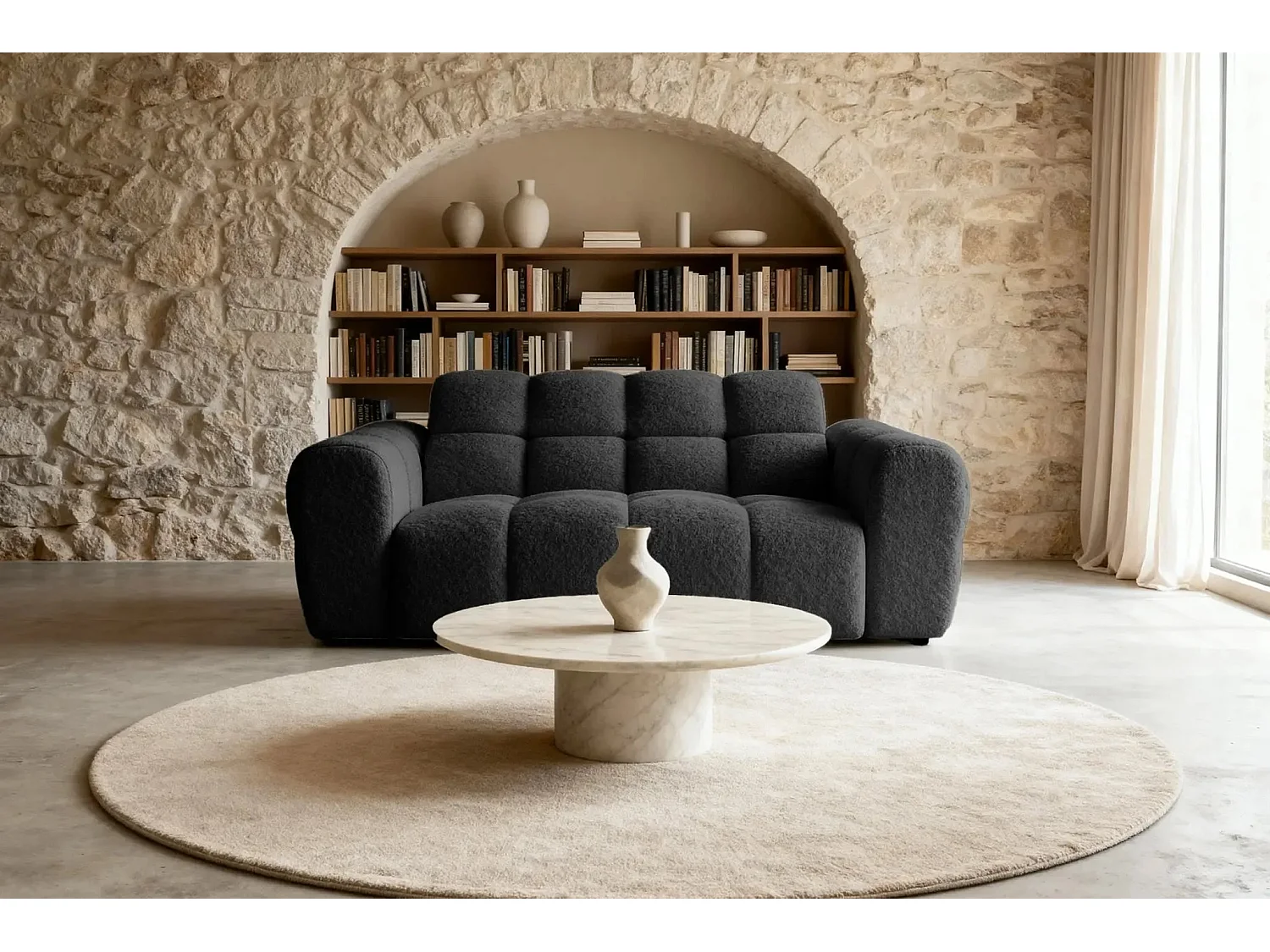 ALEXIA - Canapé droit tissu bouclette 2 places - Noir