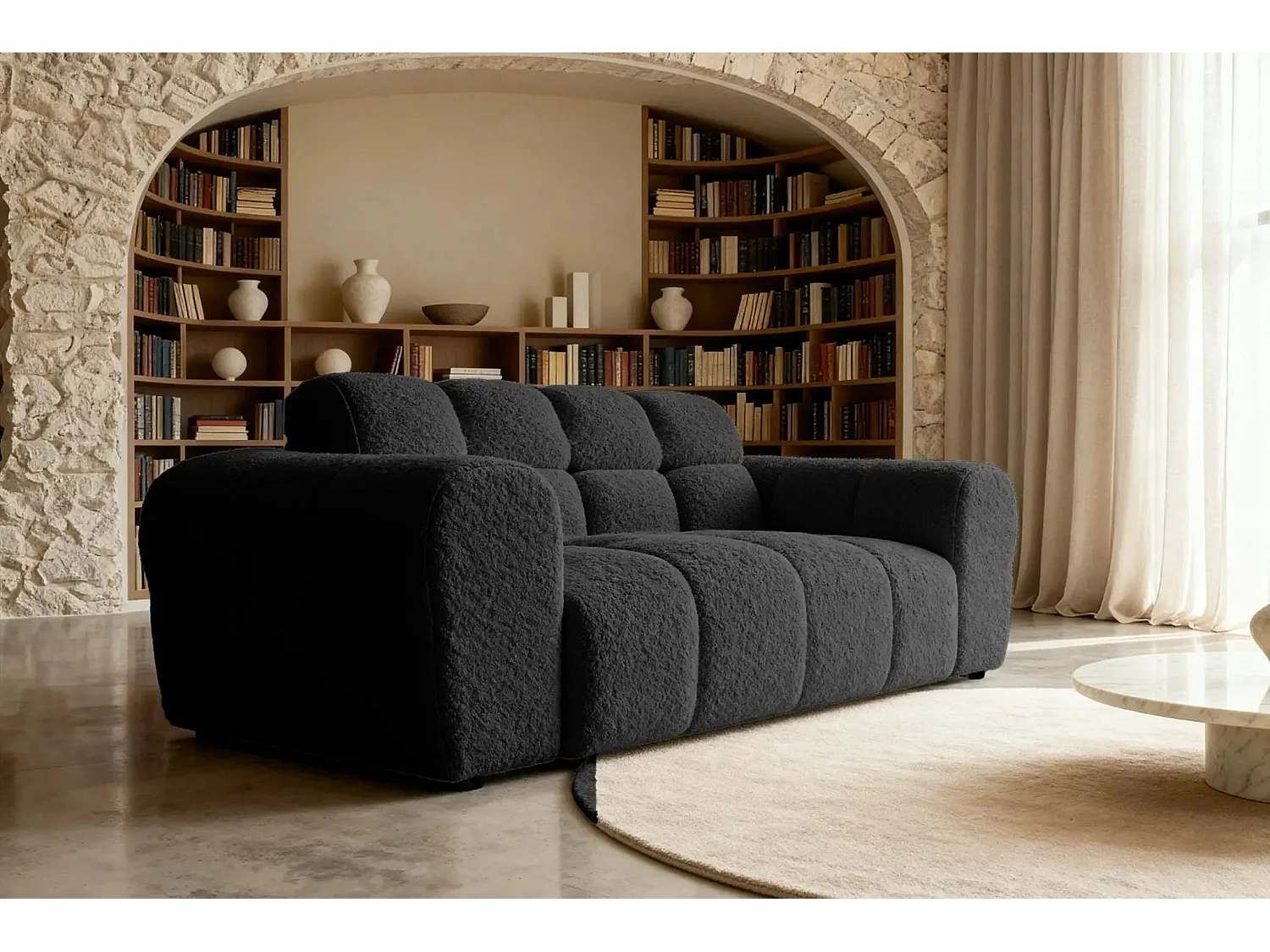 ALEXIA - Canapé droit tissu bouclette 2 places - Noir