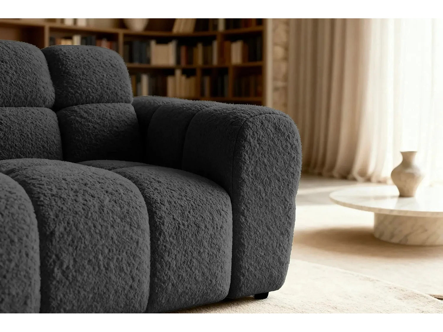 ALEXIA - Canapé droit tissu bouclette 2 places - Noir