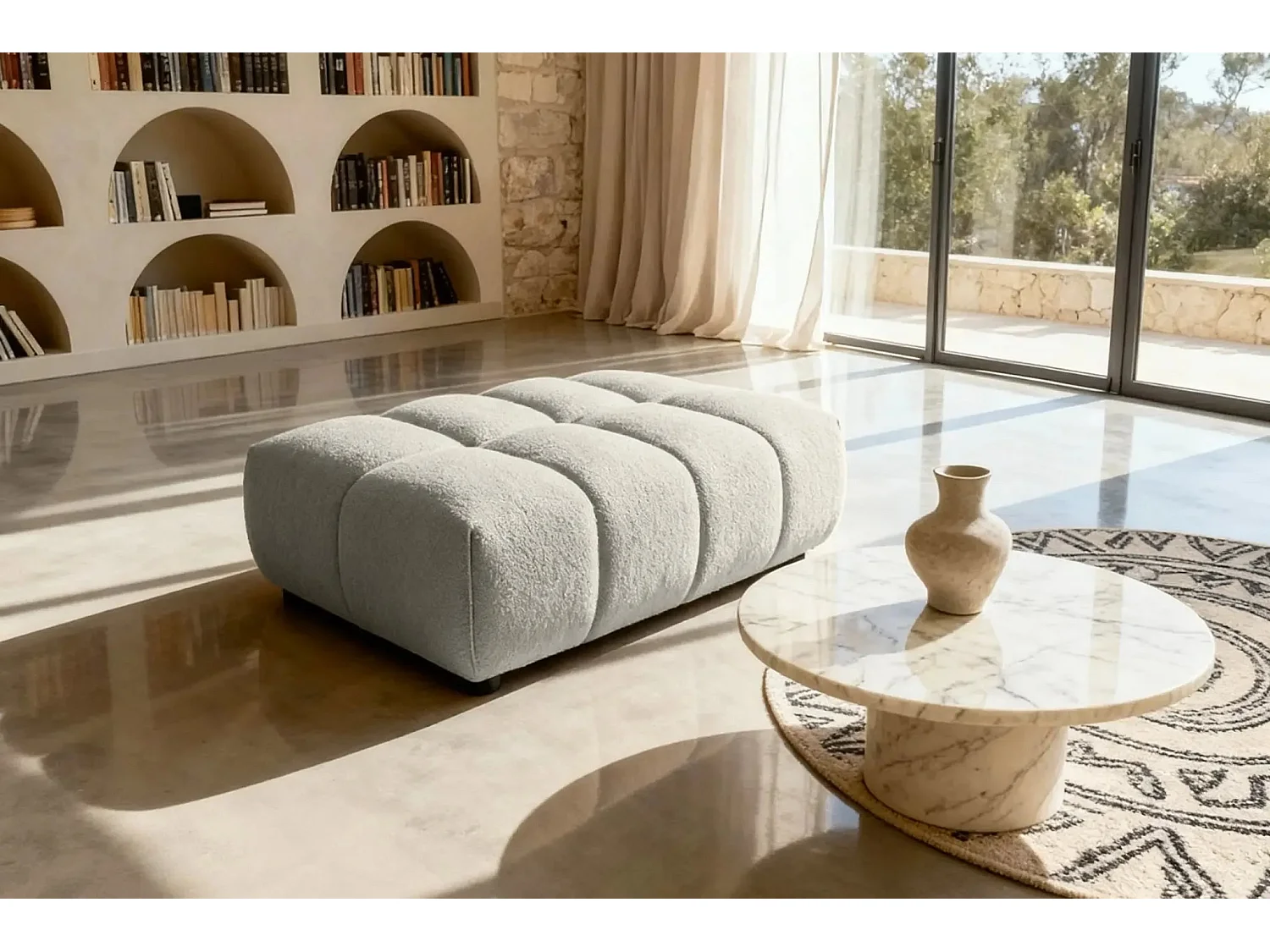 ALEXIA - Pouf en tissu bouclette Beige 120x60x40