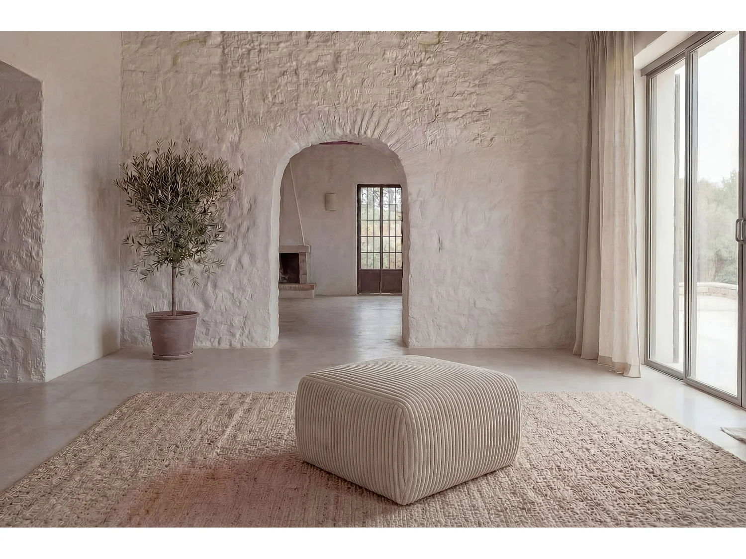 ELIO - Pouf en velours côtelé Beige 74x74x41