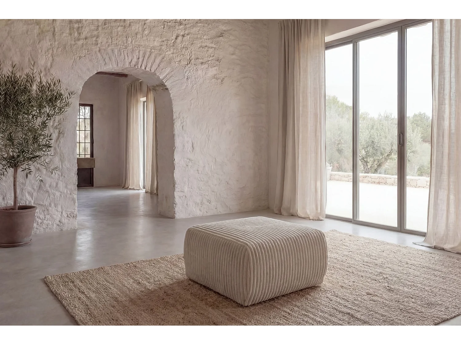 ELIO - Pouf en velours côtelé Beige 74x74x41
