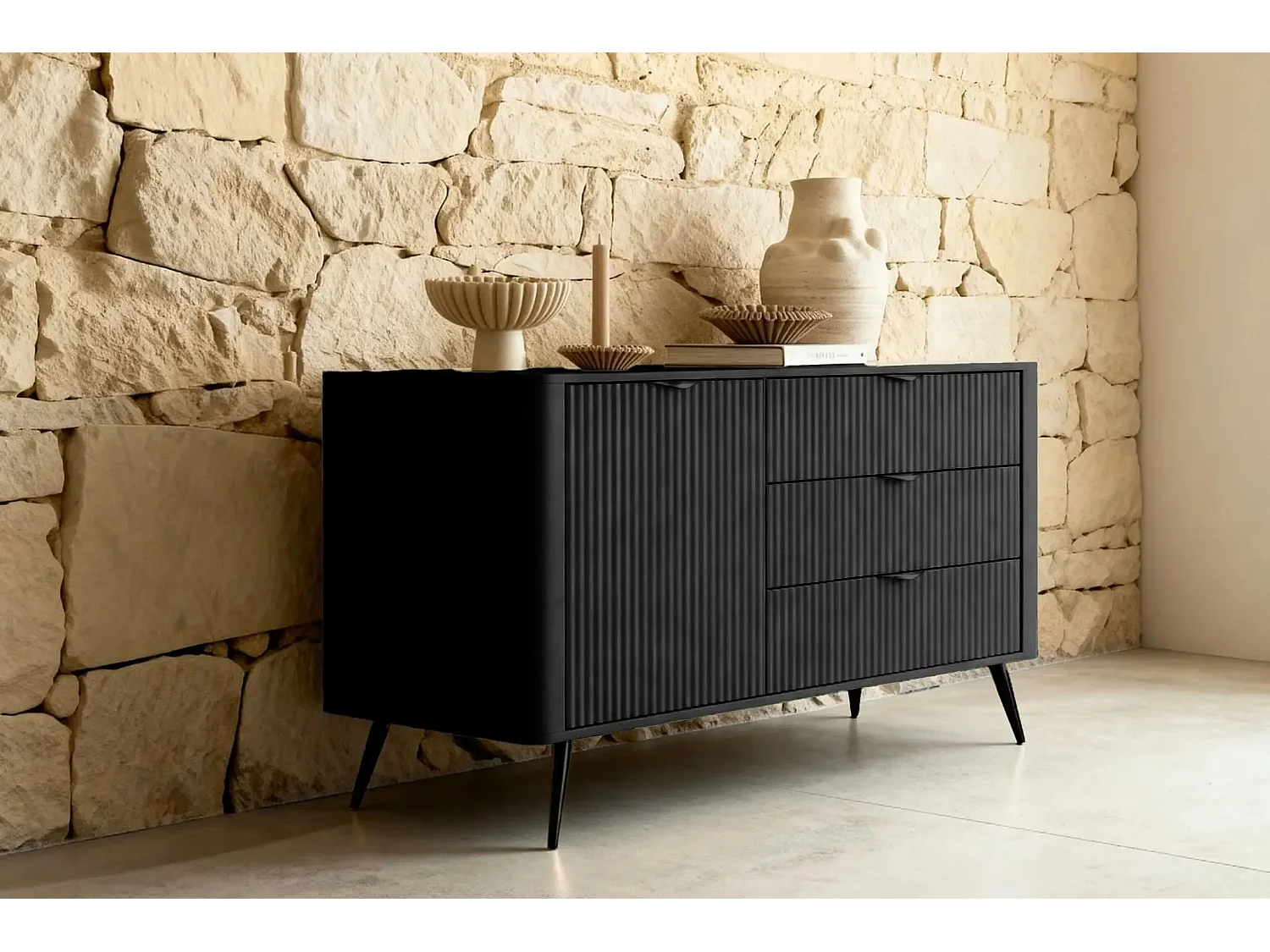 JOUDY MINI - Mini buffet 138cm effet rainuré - Noir