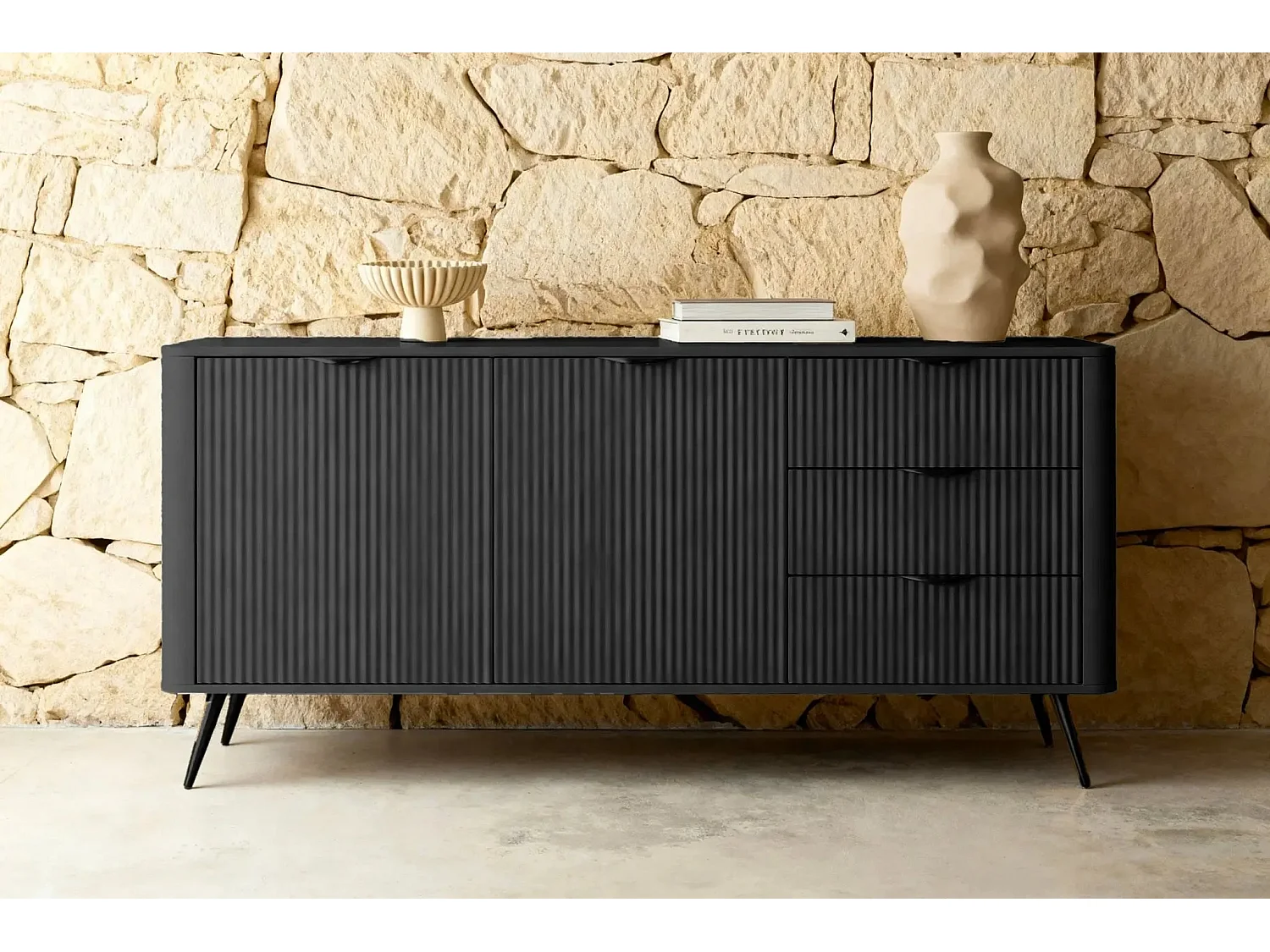 JOUDY - Buffet 2 portes 163cm effet rainuré - Noir