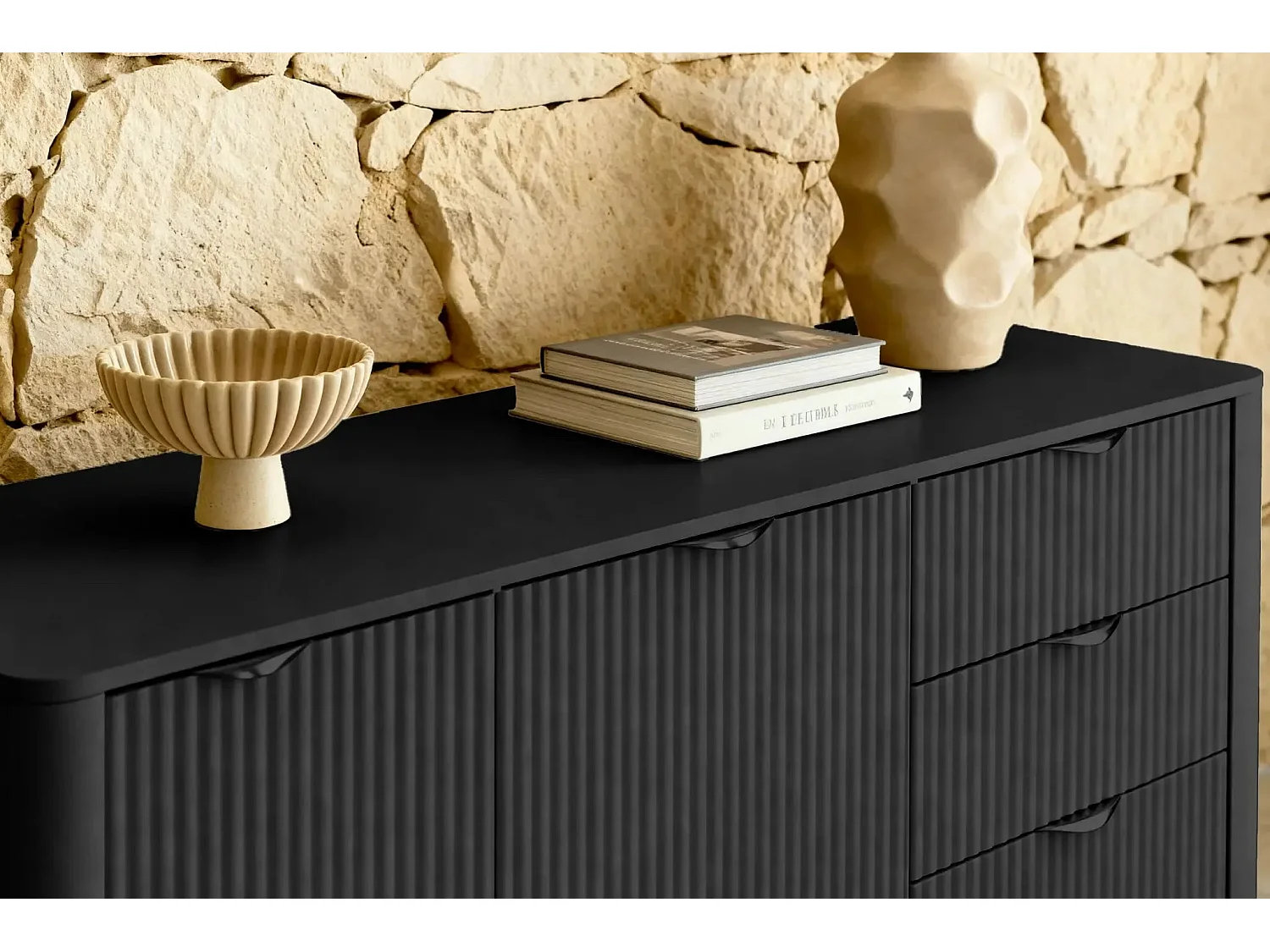 JOUDY - Buffet 2 portes 163cm effet rainuré - Noir