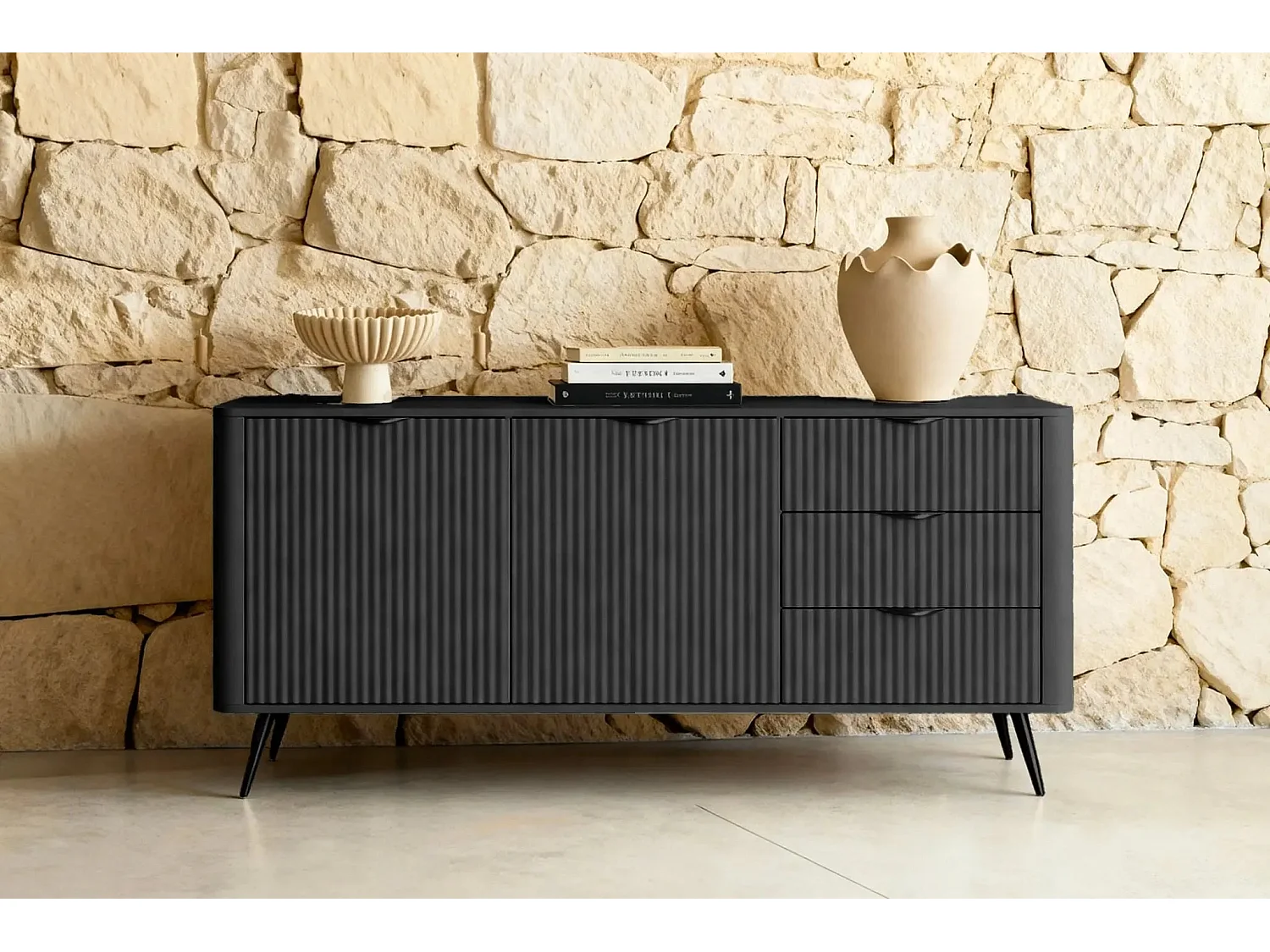 JOUDY - Buffet 2 portes 163cm effet rainuré - Noir