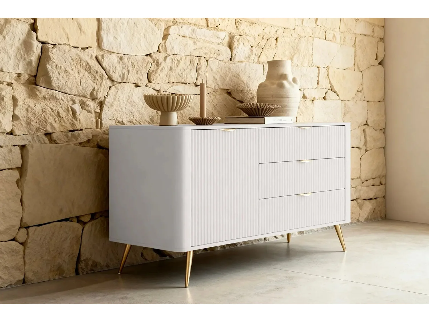 JOUDY MINI - Mini buffet 138cm effet rainuré - Beige