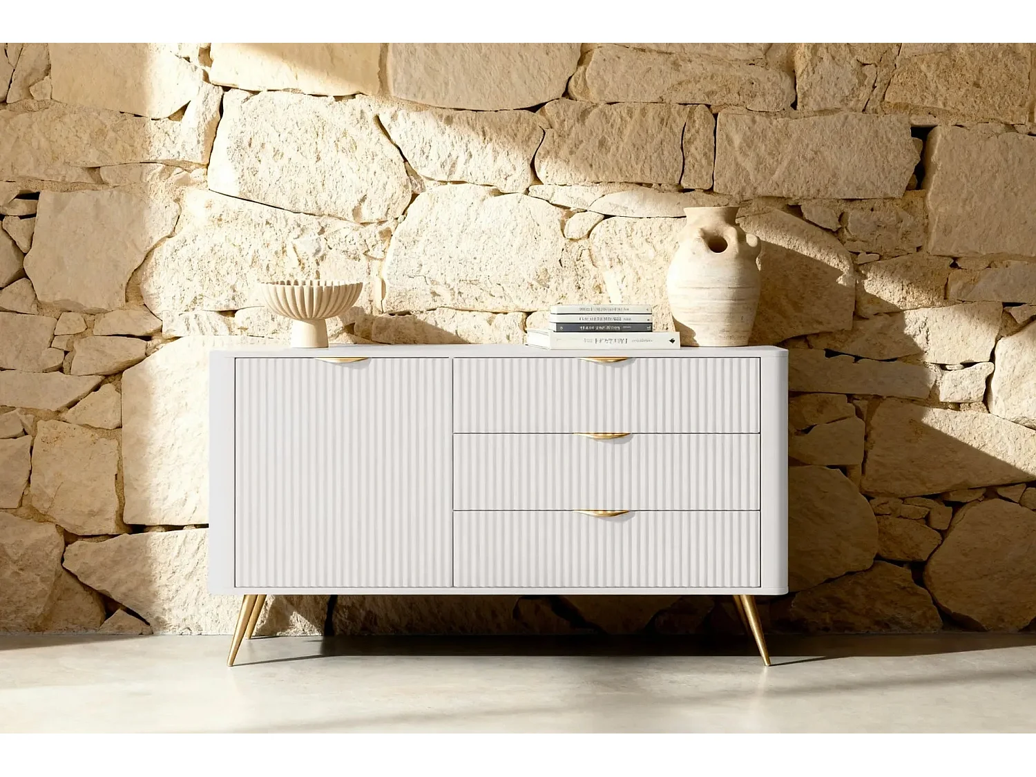 JOUDY MINI - Mini buffet 138cm effet rainuré - Beige
