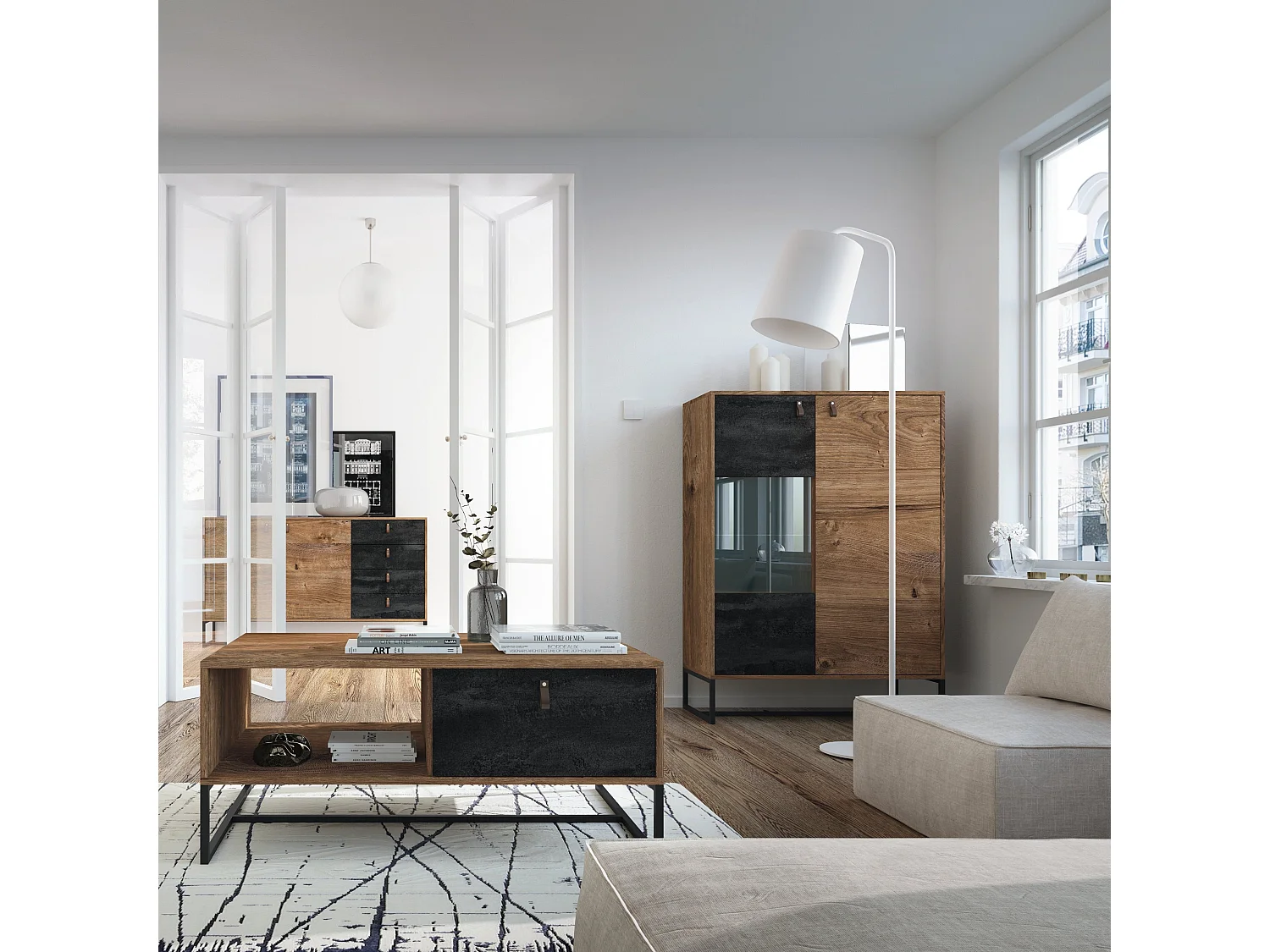 CAROLINE - Commode 2 portes en bois 90cm - Brun foncé