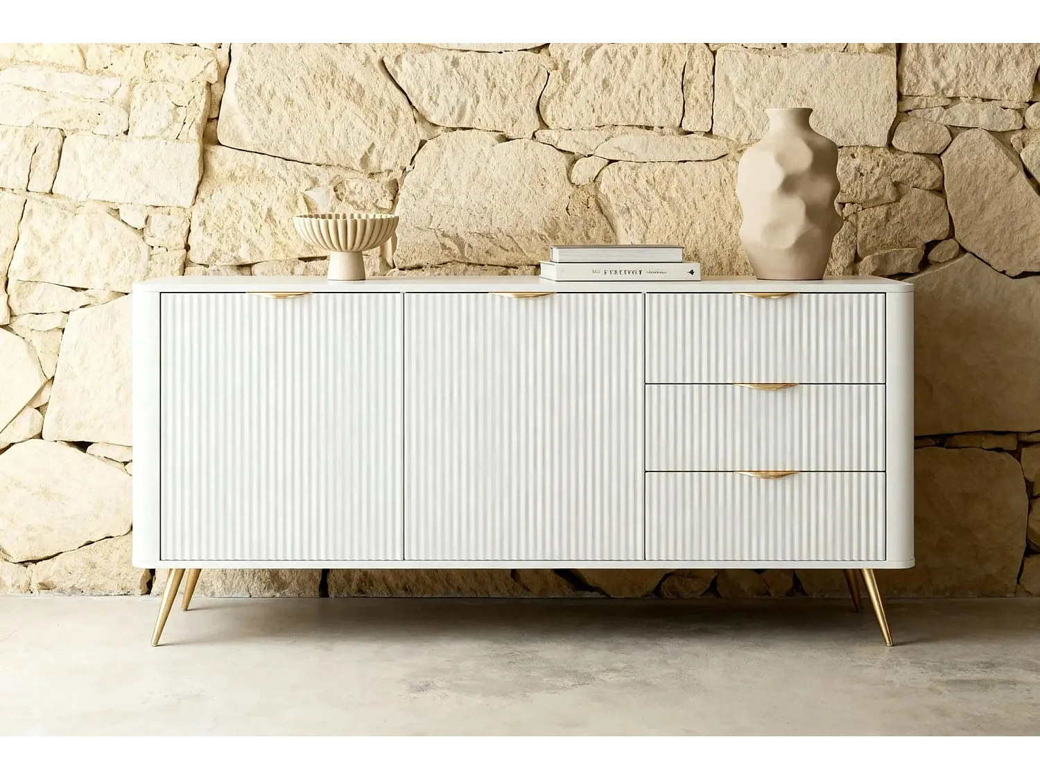 JOUDY - Buffet 2 portes 163cm effet rainuré - Blanc