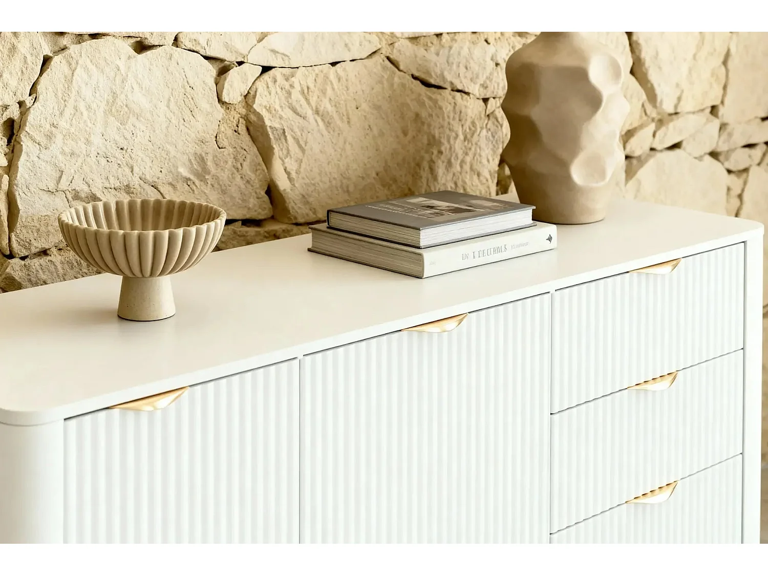 JOUDY - Buffet 2 portes 163cm effet rainuré - Blanc