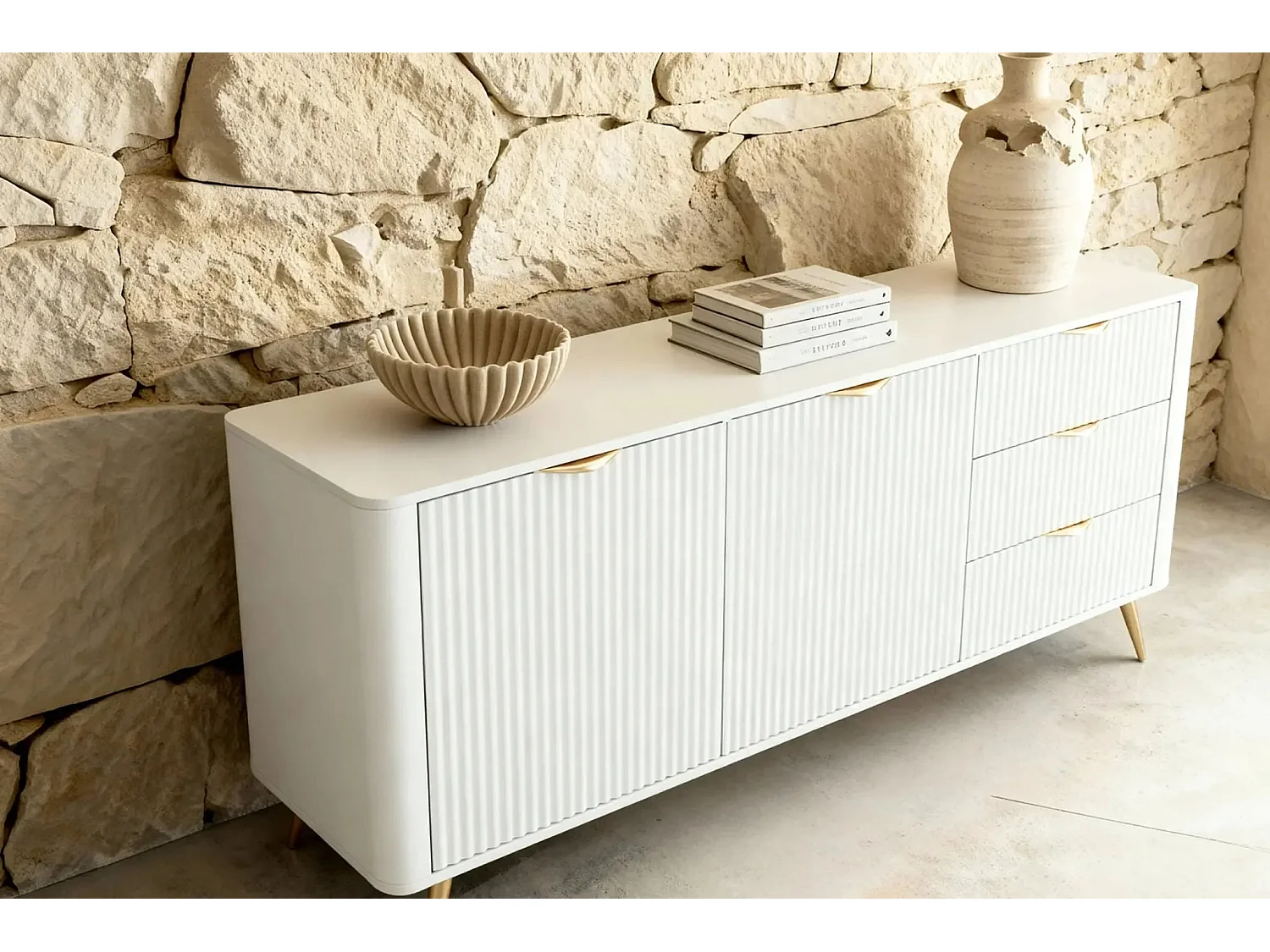 JOUDY - Buffet 2 portes 163cm effet rainuré - Blanc