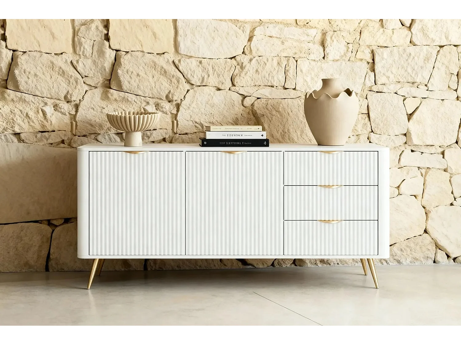 JOUDY - Buffet 2 portes 163cm effet rainuré - Blanc