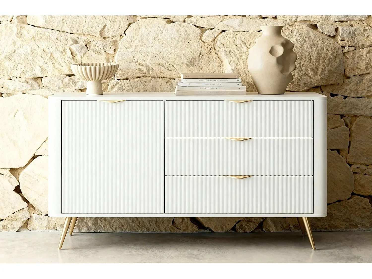 JOUDY MINI - Mini buffet 138cm effet rainuré - Blanc