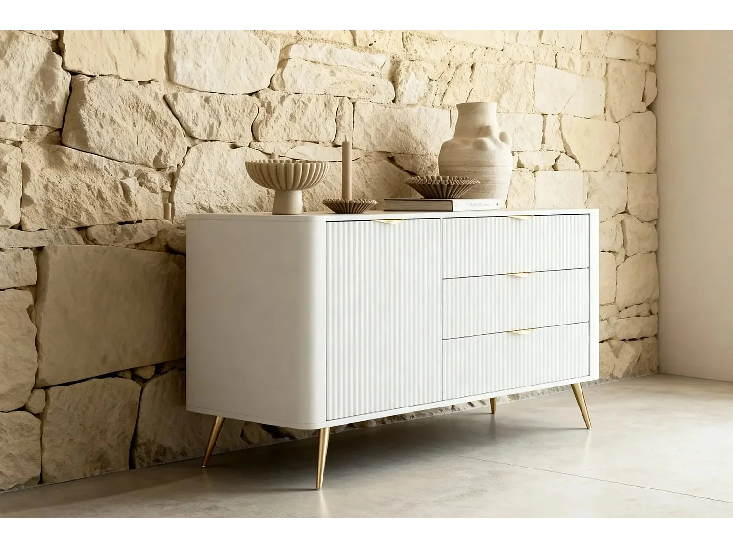 JOUDY MINI - Mini buffet 138cm effet rainuré - Blanc
