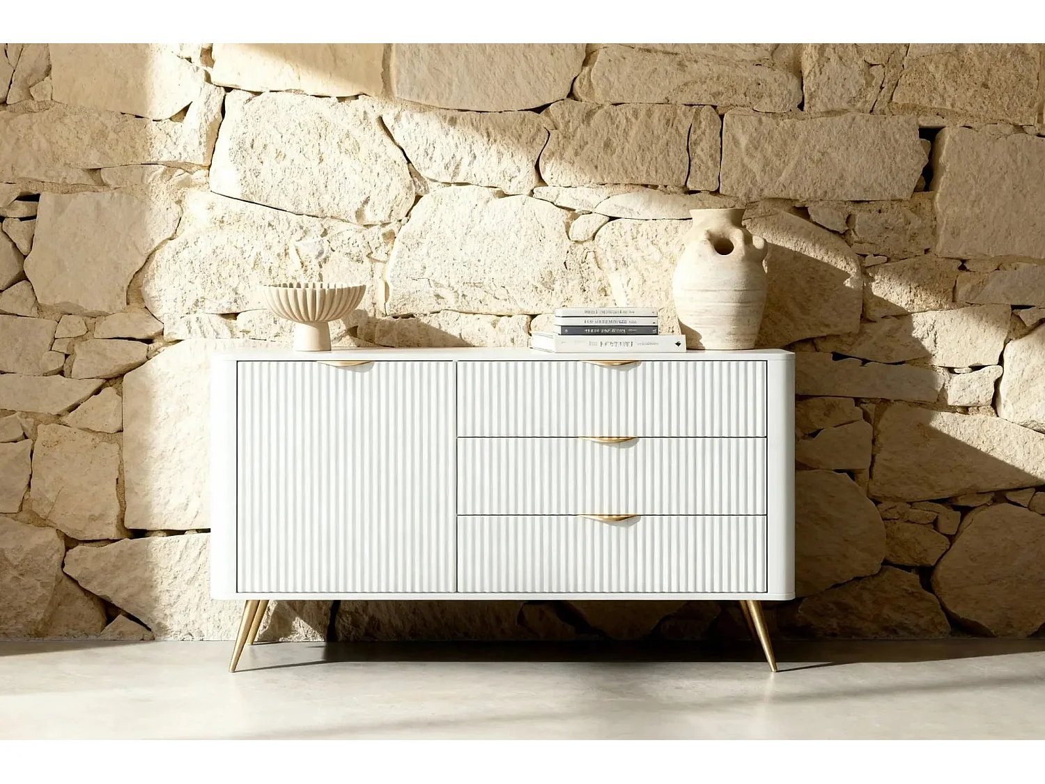 JOUDY MINI - Mini buffet 138cm effet rainuré - Blanc