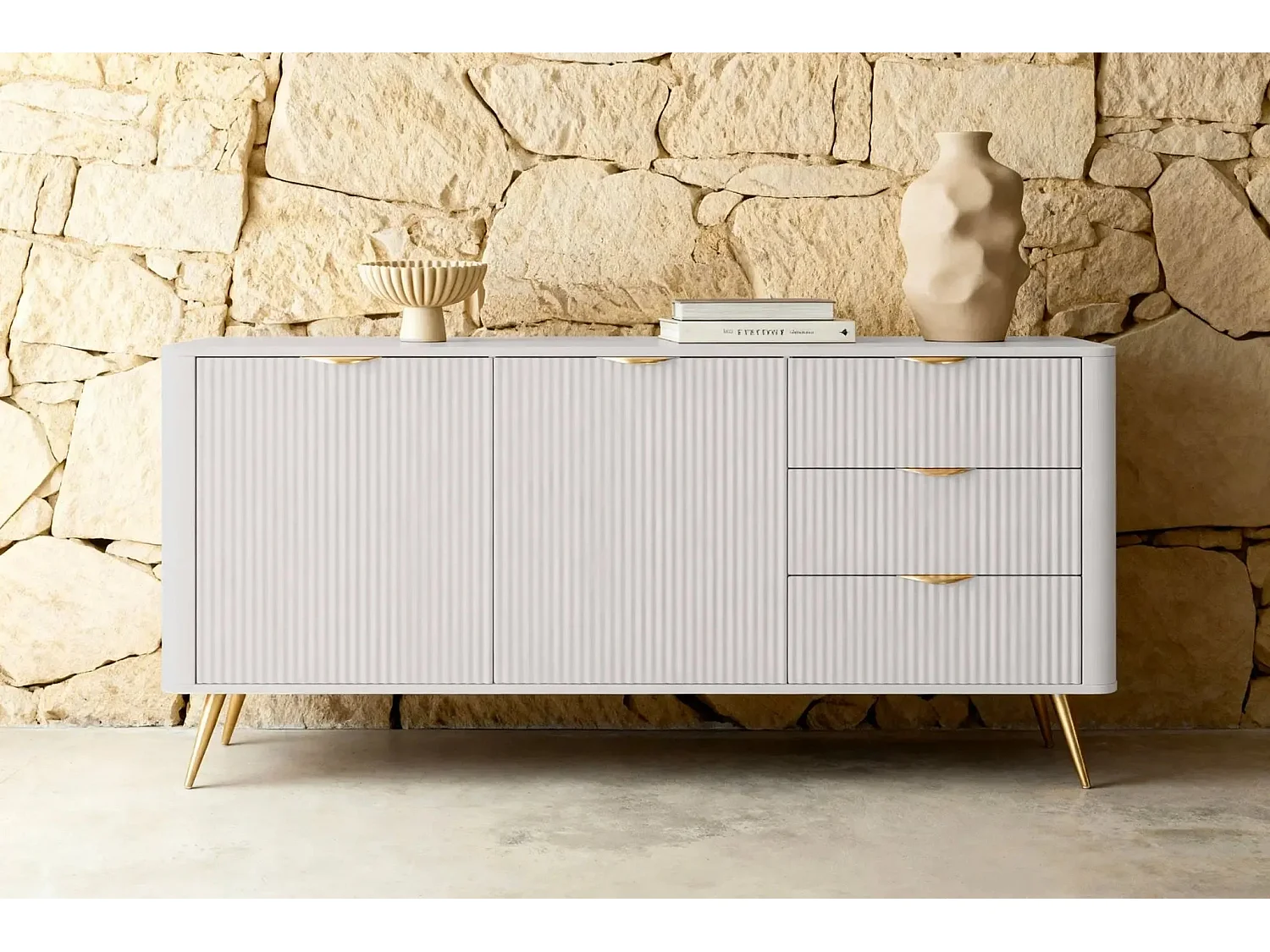 JOUDY - Buffet 2 portes 163cm effet rainuré - Beige