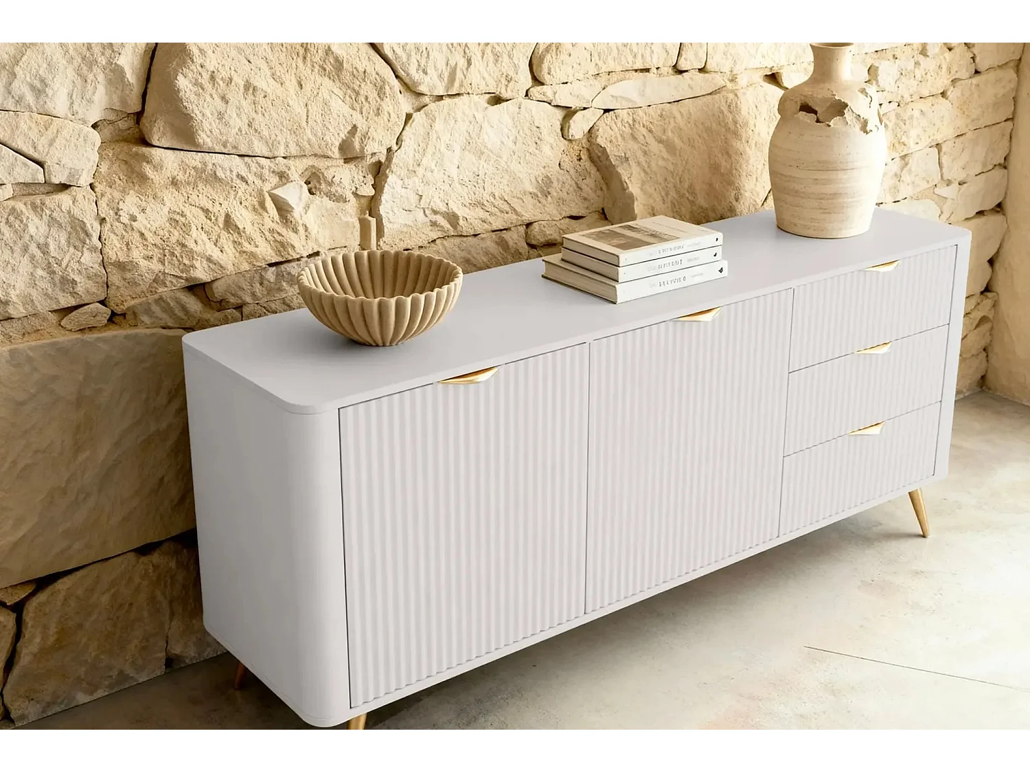 JOUDY - Buffet 2 portes 163cm effet rainuré - Beige