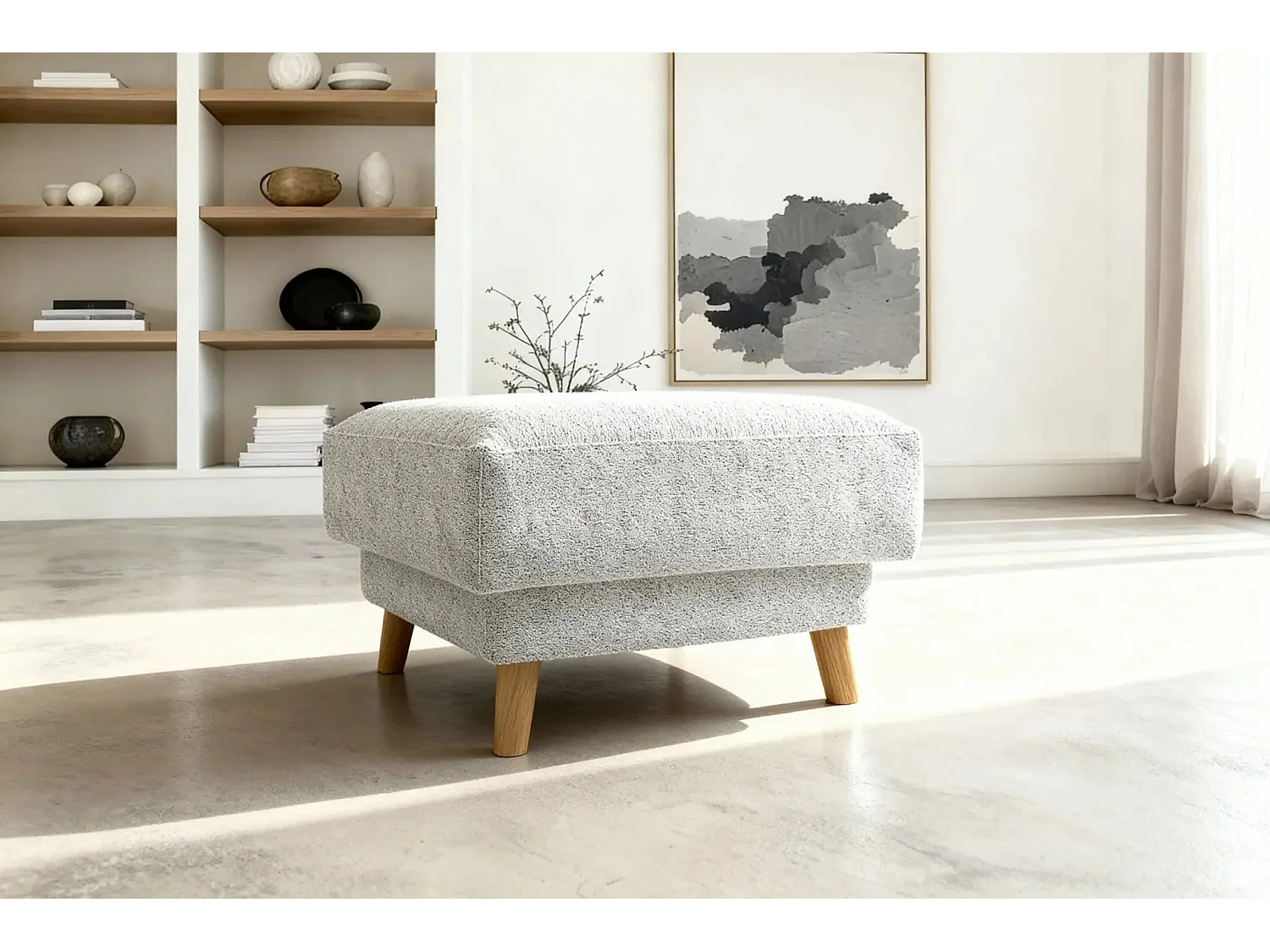 GASPARD - Pouf en tissu bouclette Beige 77x62x50