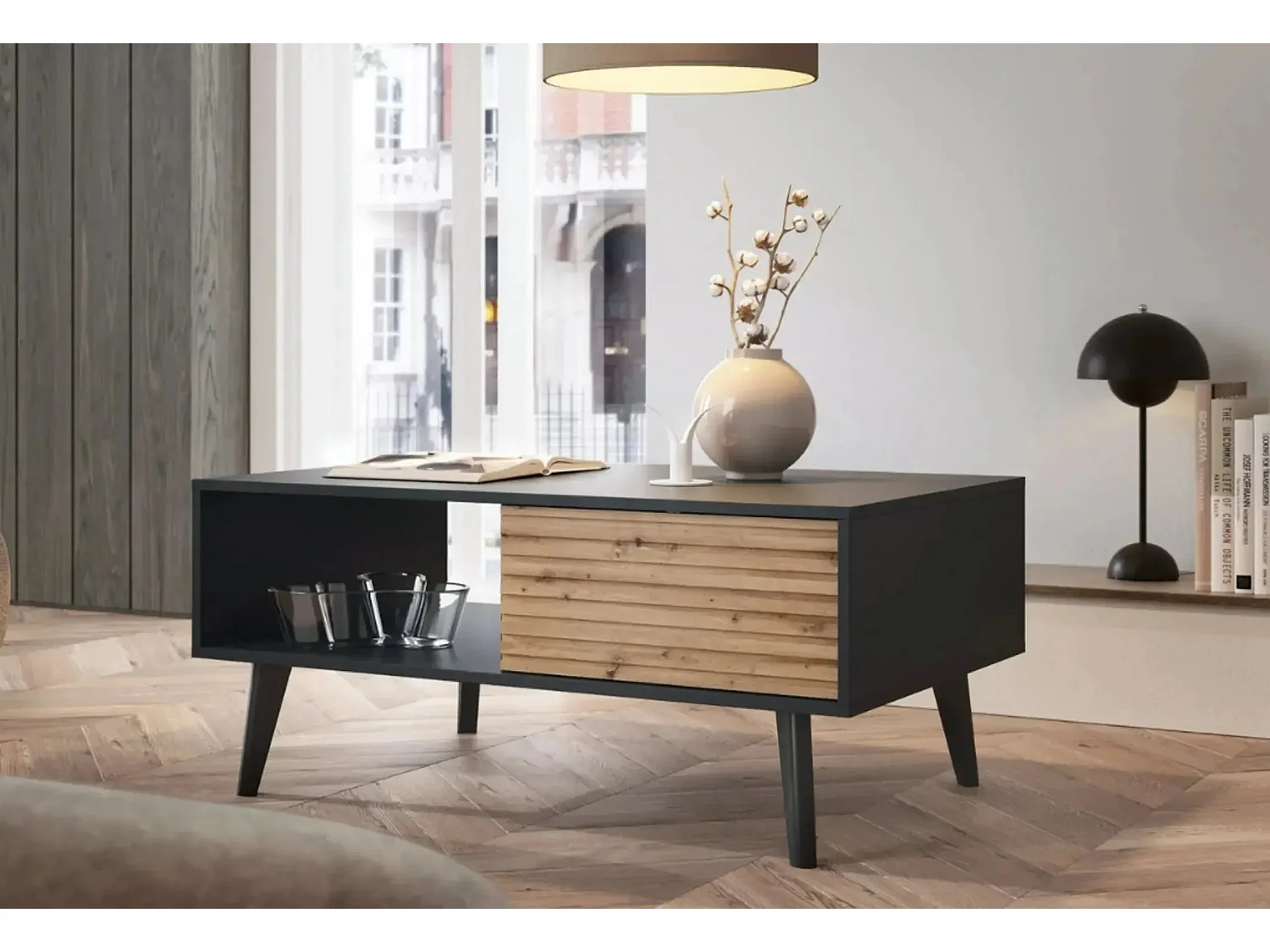 COME - Table basse 1 tiroir en bois - Marron et noir