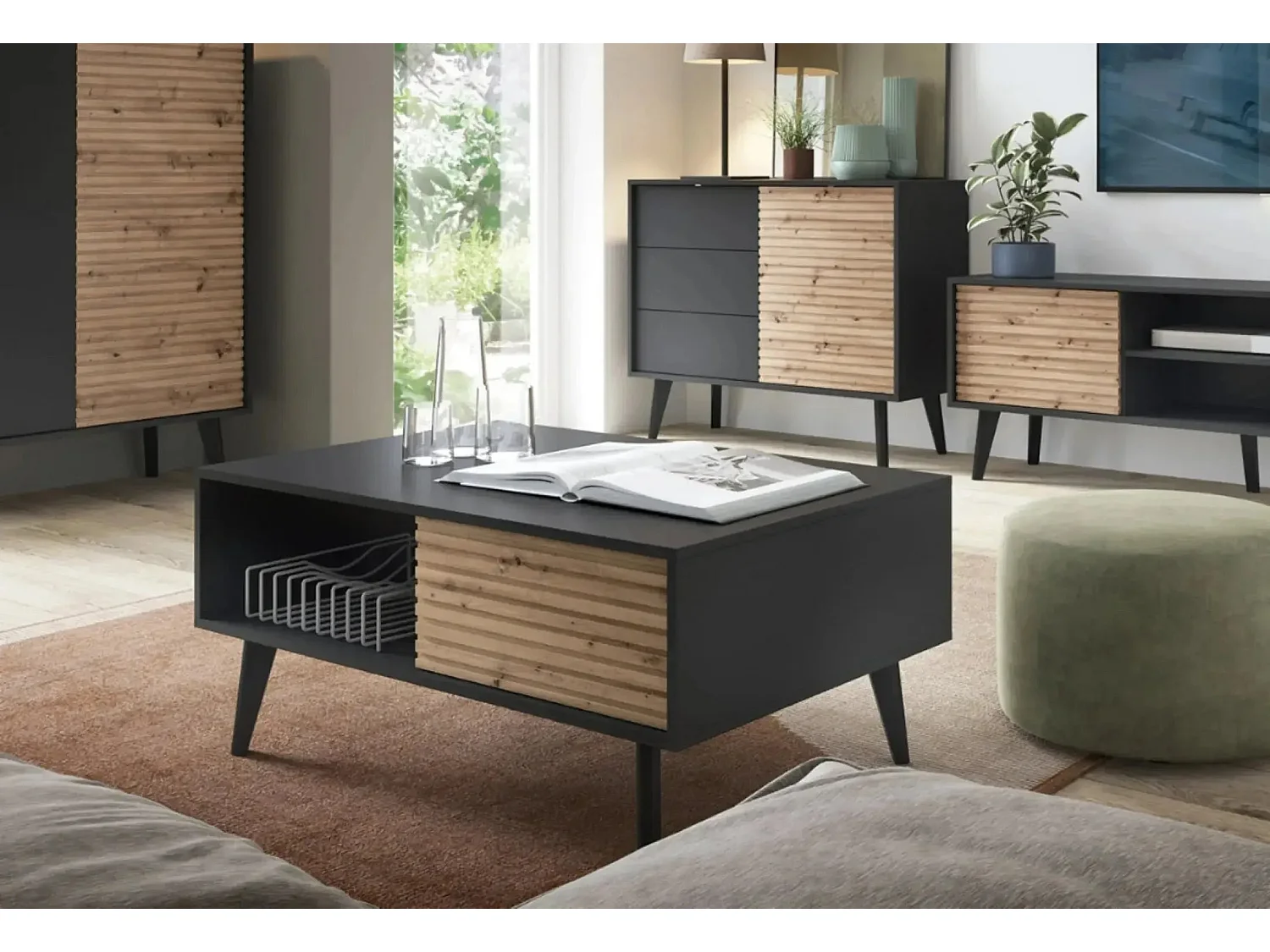 COME - Table basse 1 tiroir en bois - Marron et noir