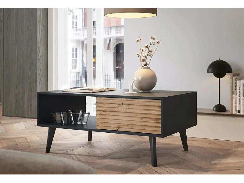 COME - Table basse 1 tiroir en bois - Marron et noir