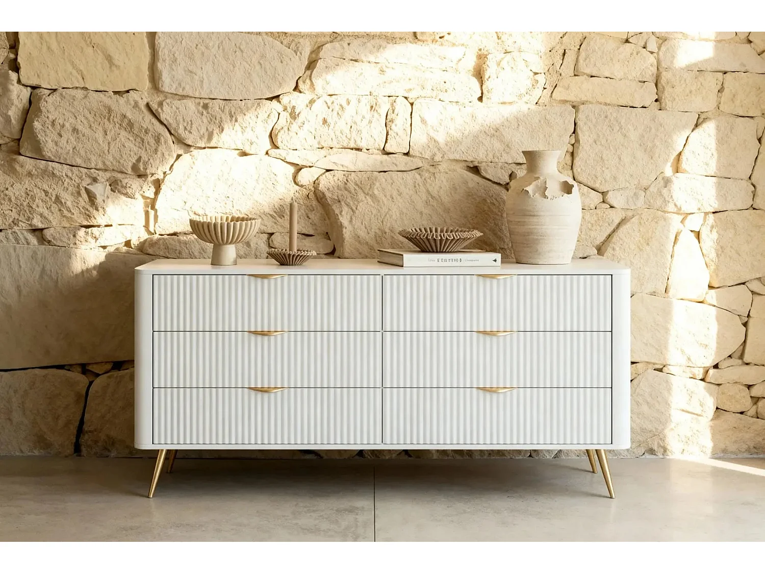 JOUDY - Buffet 163cm effet rainuré - Blanc