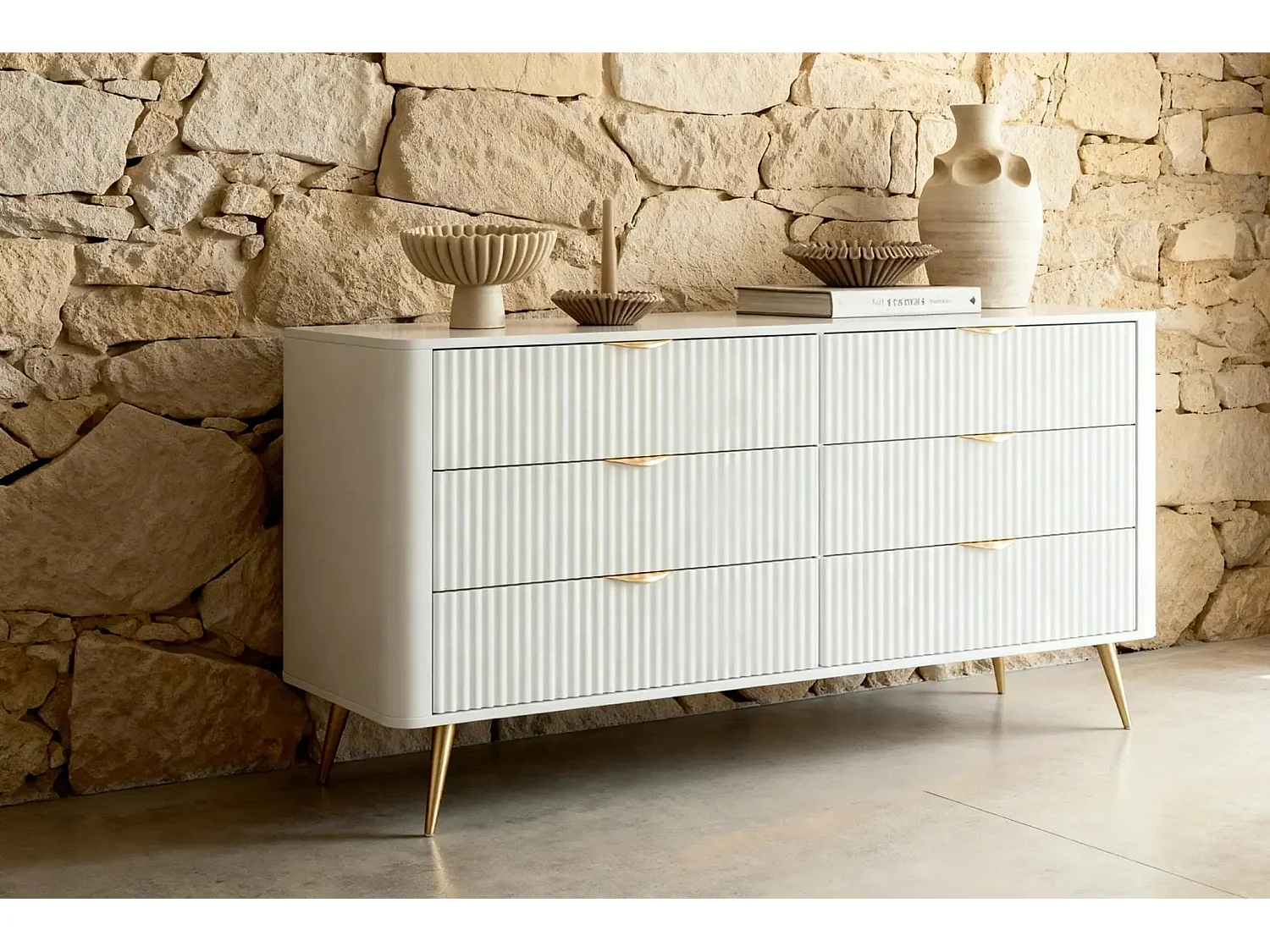 JOUDY - Buffet 163cm effet rainuré - Blanc