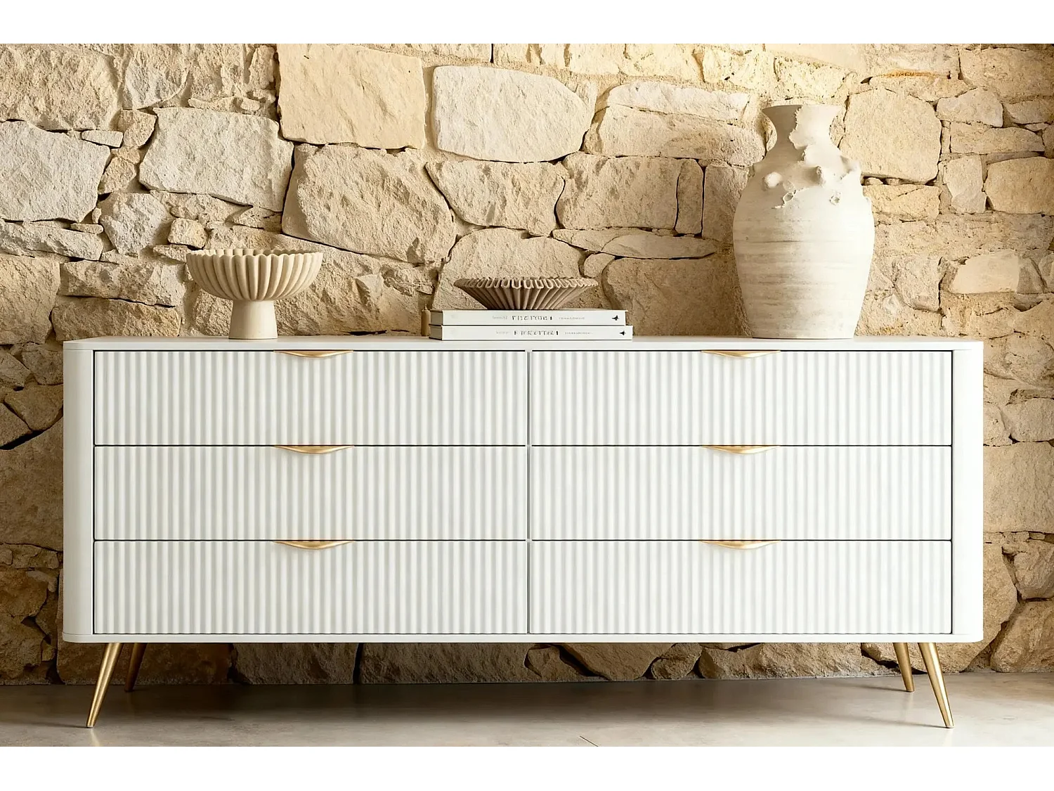 JOUDY - Buffet 163cm effet rainuré - Blanc