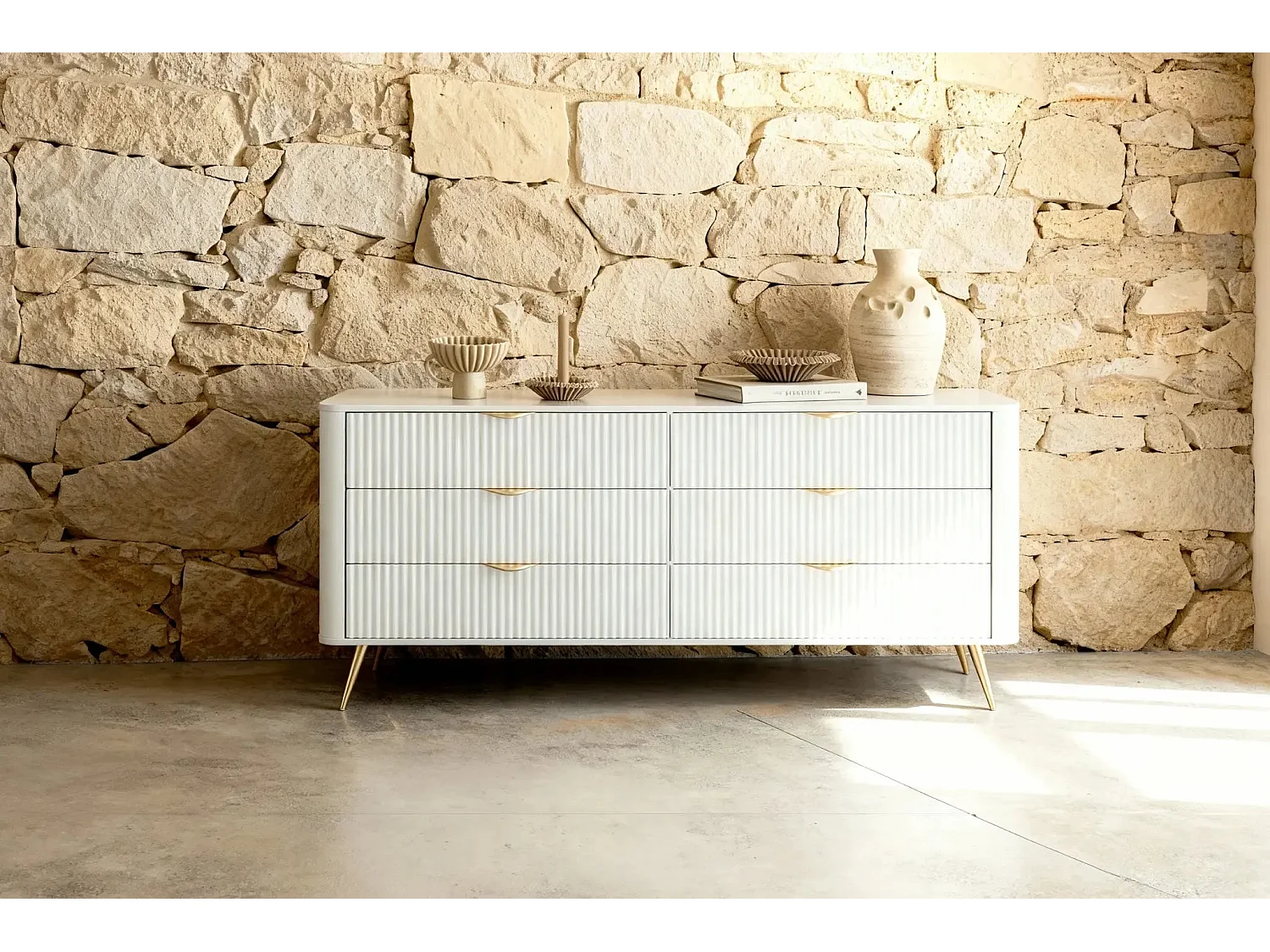 JOUDY - Buffet 163cm effet rainuré - Blanc