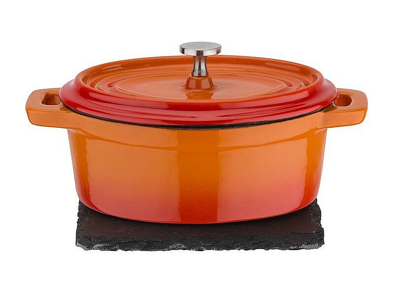Mini Cocotte GSW van Massief Staalgietijzer Oranje, Inductiegeschikt, Design Deksel en Leisteen Onderzetter