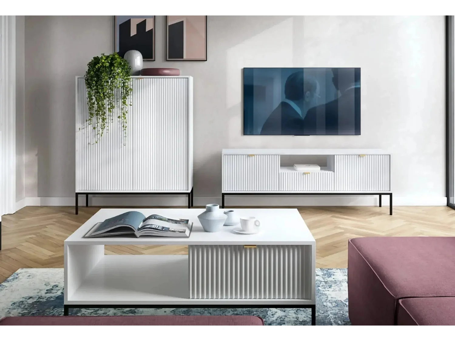 CHARLES - Commode 2 portes tiroirs 100cm - Blanc