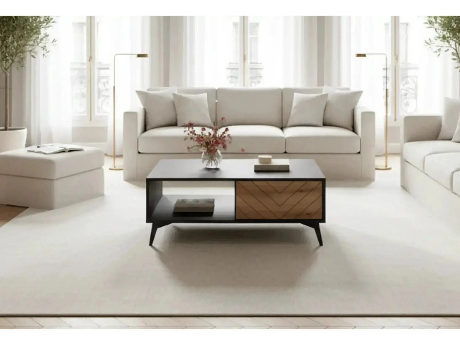 ALICE - Table basse 1 tiroir en bois - Marron et noir