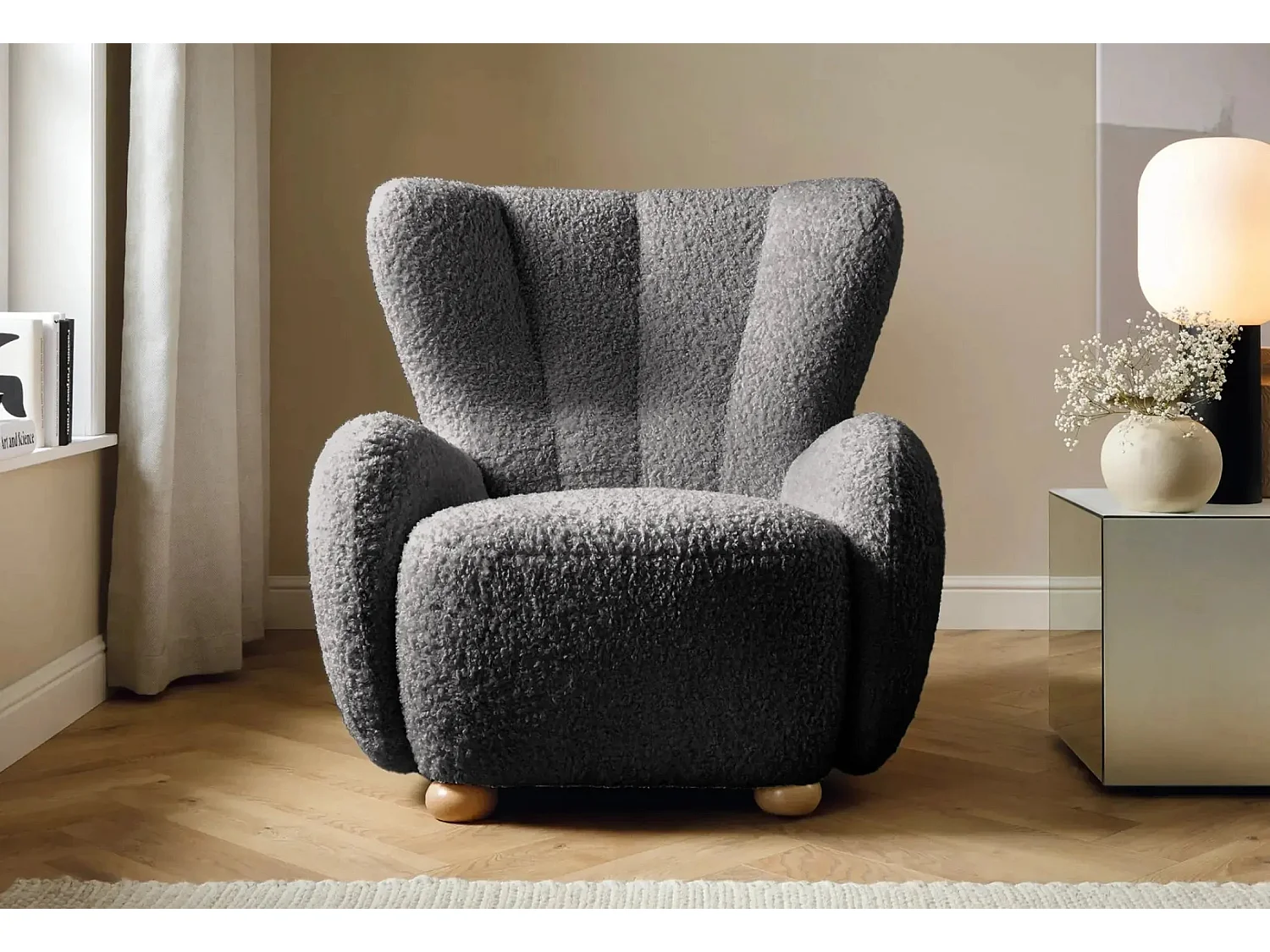 LILI - Fauteuil tissu bouclette - Gris foncé