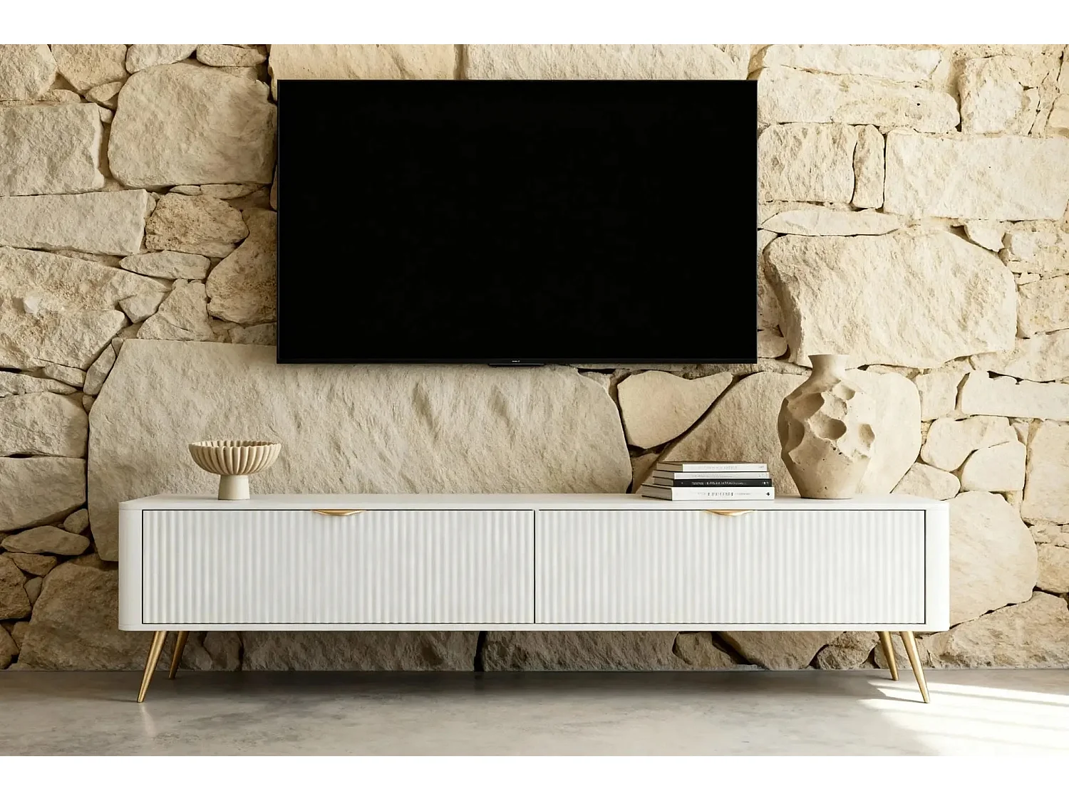 JOUDY - Meuble TV 200cm effet rainuré - Blanc