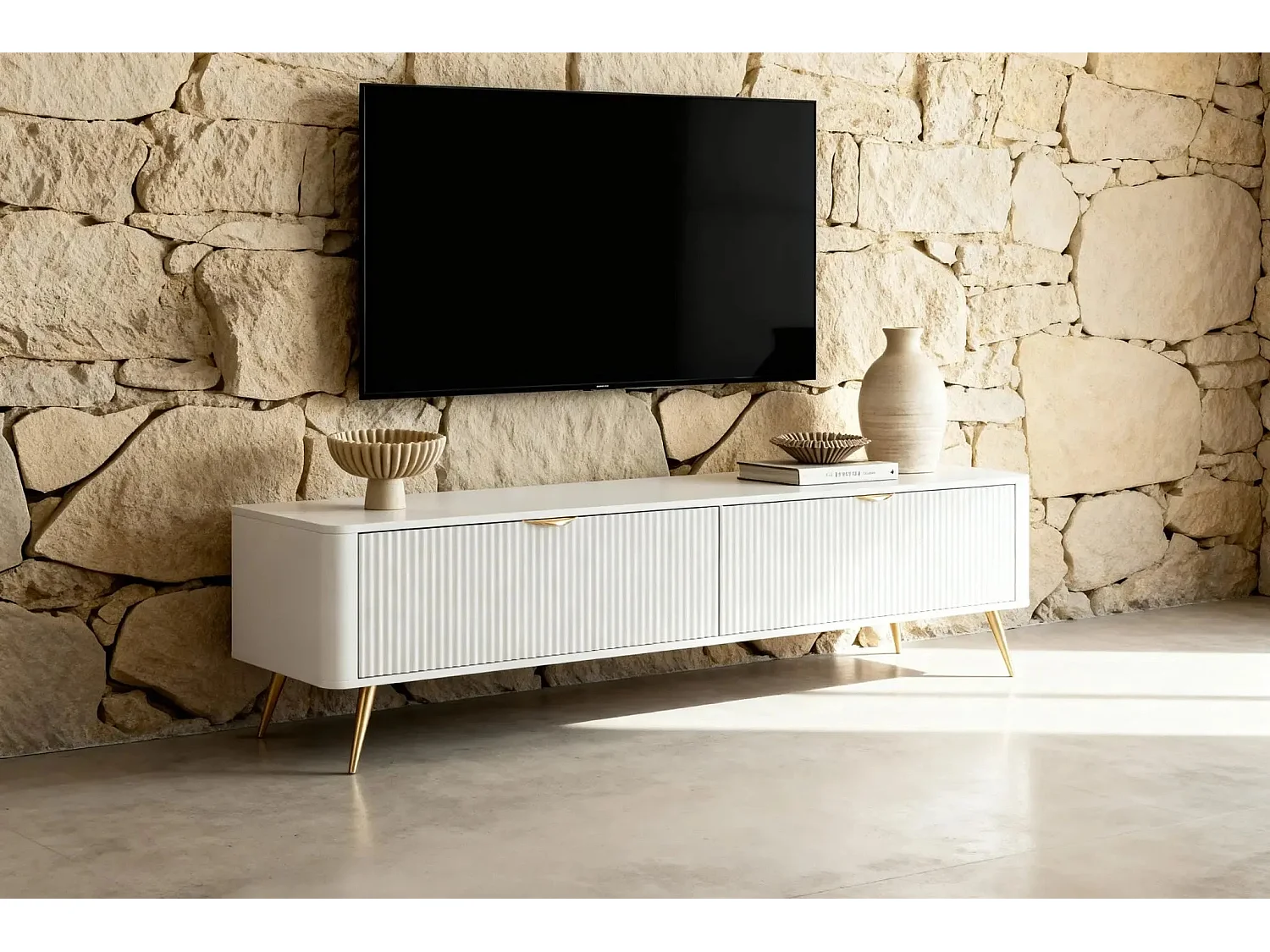 JOUDY - Meuble TV 200cm effet rainuré - Blanc