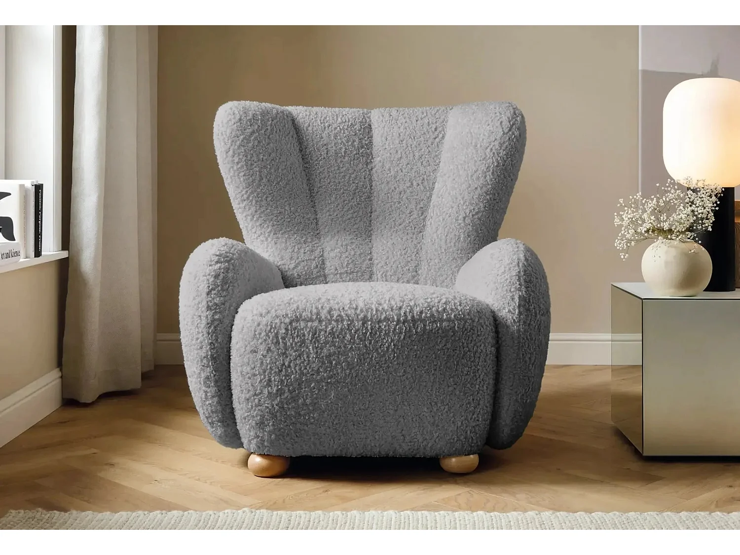 LILI - Fauteuil tissu bouclette - Gris clair