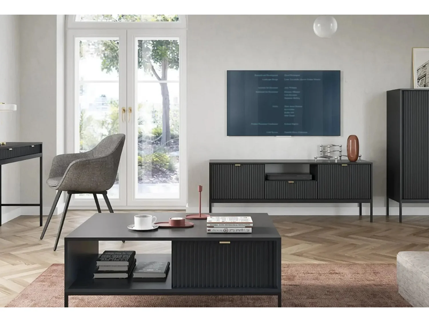 CHARLES - Meuble TV 2 portes 150cm - Noir