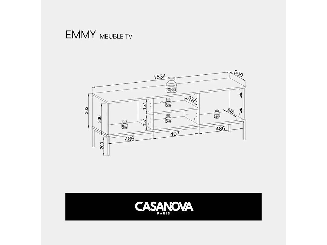 EMMY - Meuble TV 2 portes 150cm - Blanc