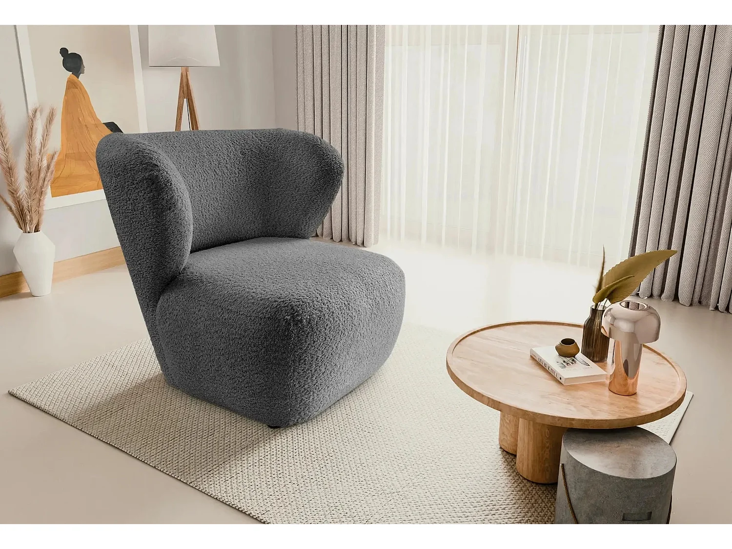 CAPRI - Fauteuil tissu bouclette - Gris foncé