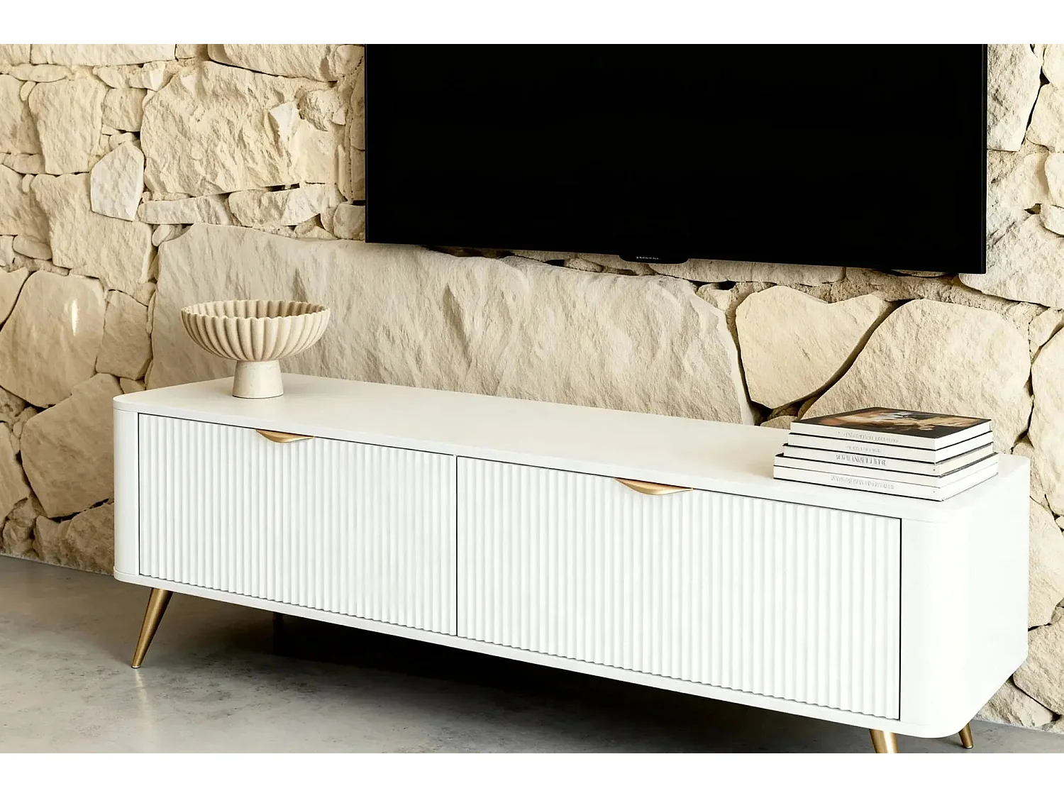 JOUDY MINI - Mini meuble TV 163cm effet rainuré - Blanc