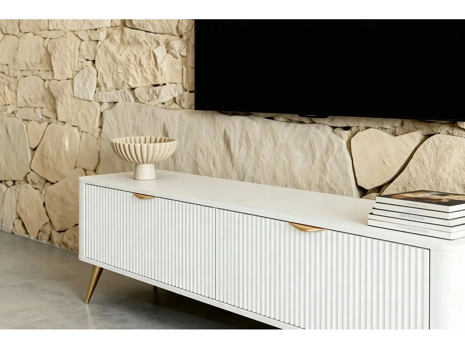 JOUDY MINI - Mini meuble TV 163cm effet rainuré - Blanc