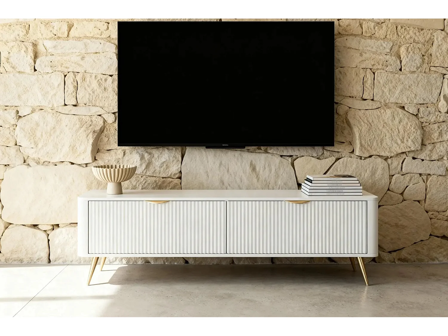 JOUDY MINI - Mini meuble TV 163cm effet rainuré - Blanc