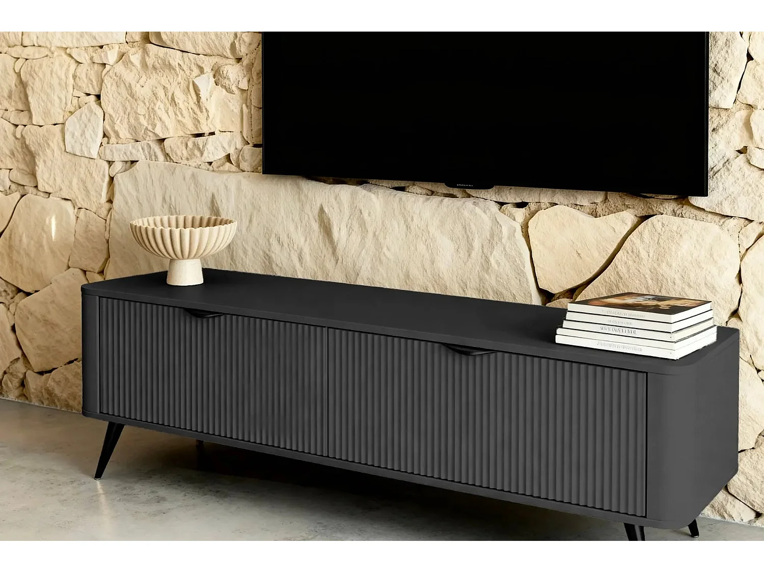 JOUDY MINI - Mini meuble TV 163cm effet rainuré - Noir