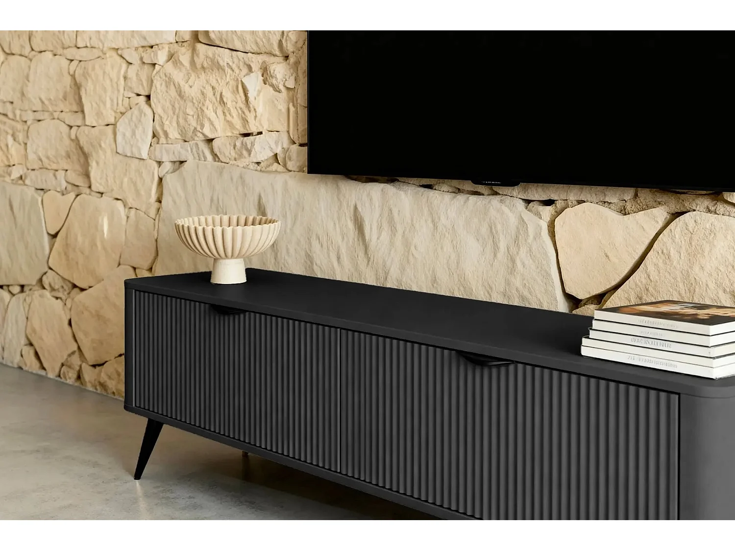 JOUDY MINI - Mini meuble TV 163cm effet rainuré - Noir